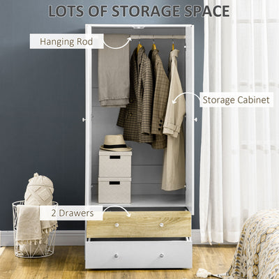 HOMCOM 2-Door Wardrobe with 2 Drawers, Hanging Rod and Anti-tipping Straps for Bedroom Clothes Storage Organisation, White 