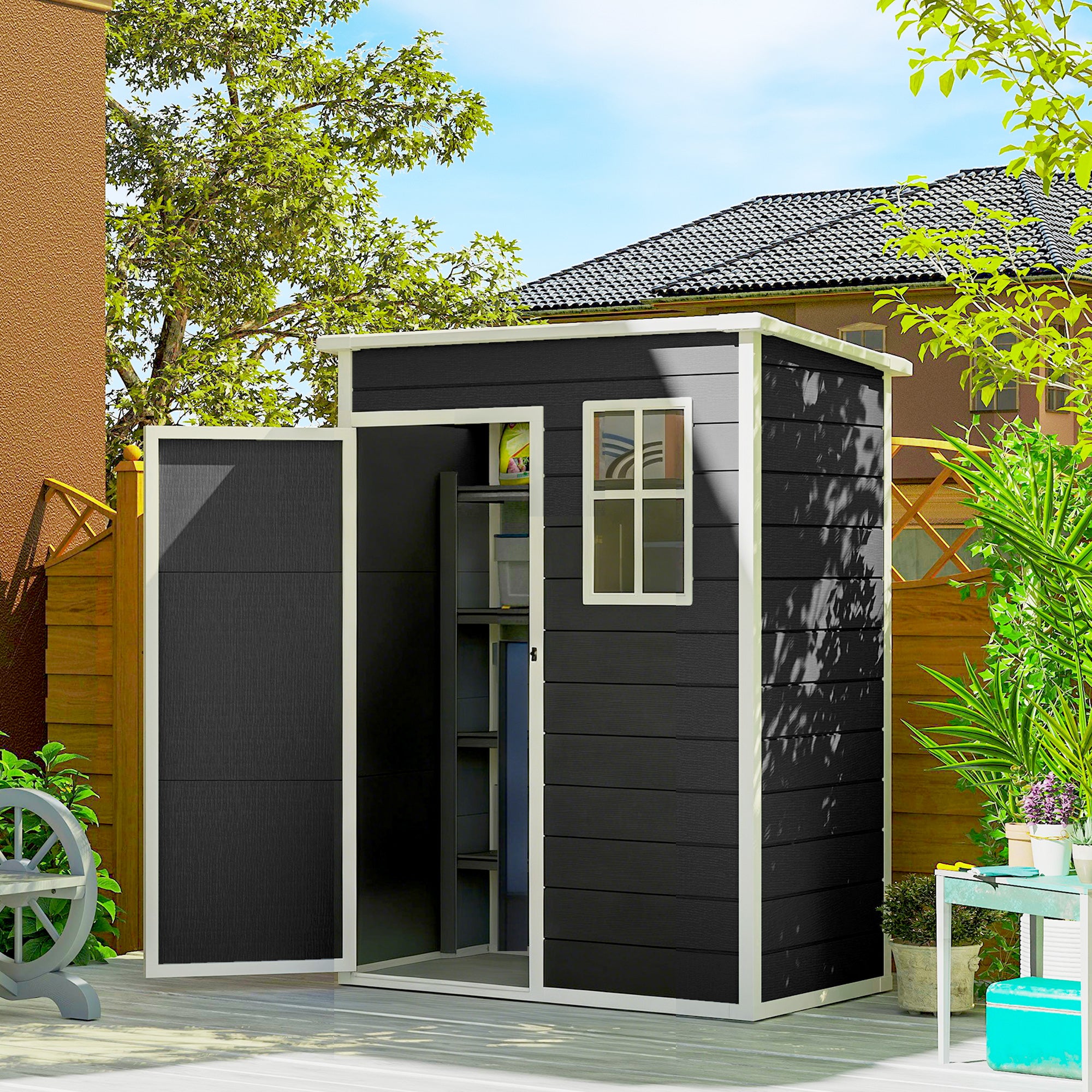 Outsunny 5' x 3' Garden Shed with Floor, Outdoor Storage Shed with Lockable Door, Window and Vent, Black 
