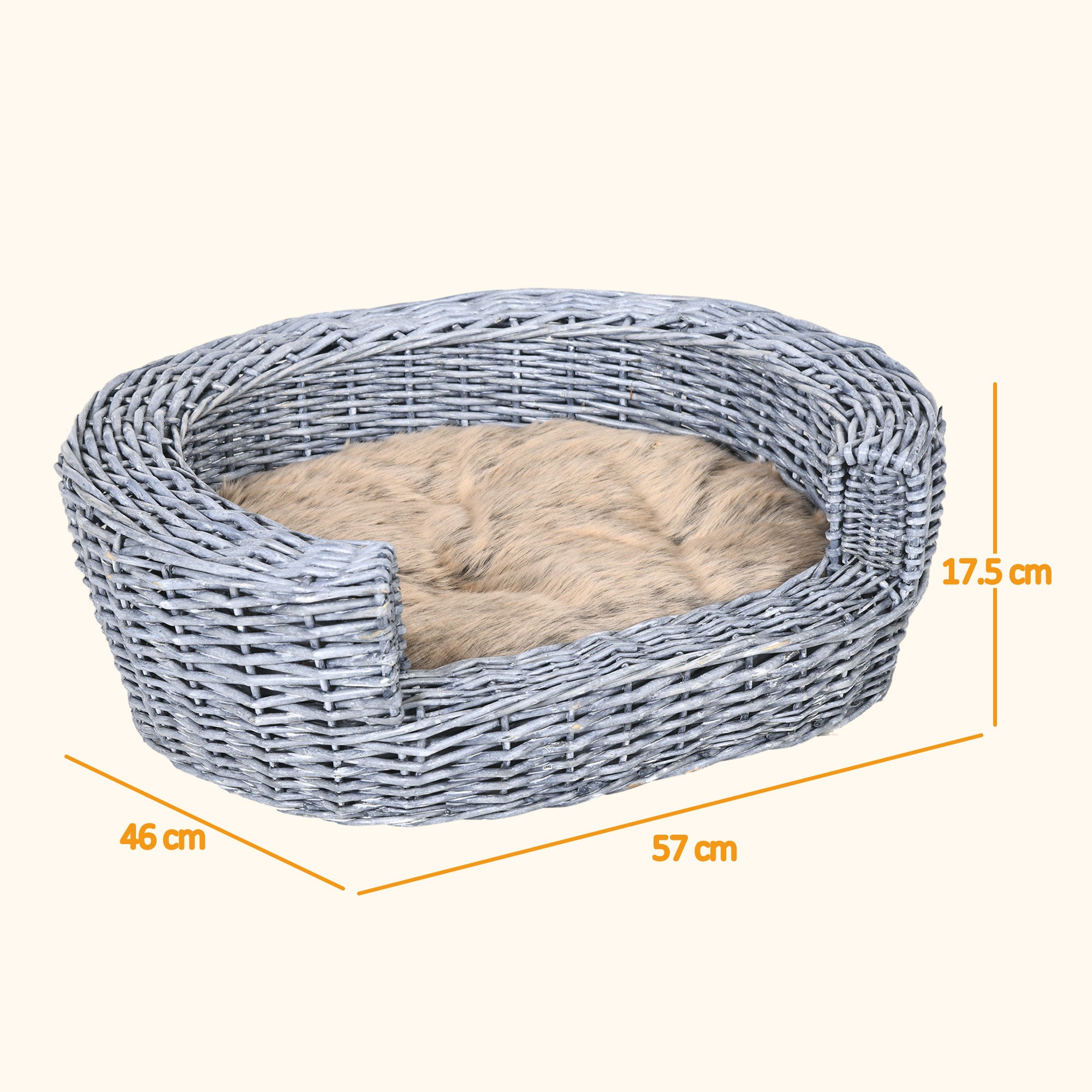 PawHut Wicker Pet Bed Willow Dog Cat Sofa Couch Puppy Basket with Cushion Grey 57L x 46W x 17.5H cm 