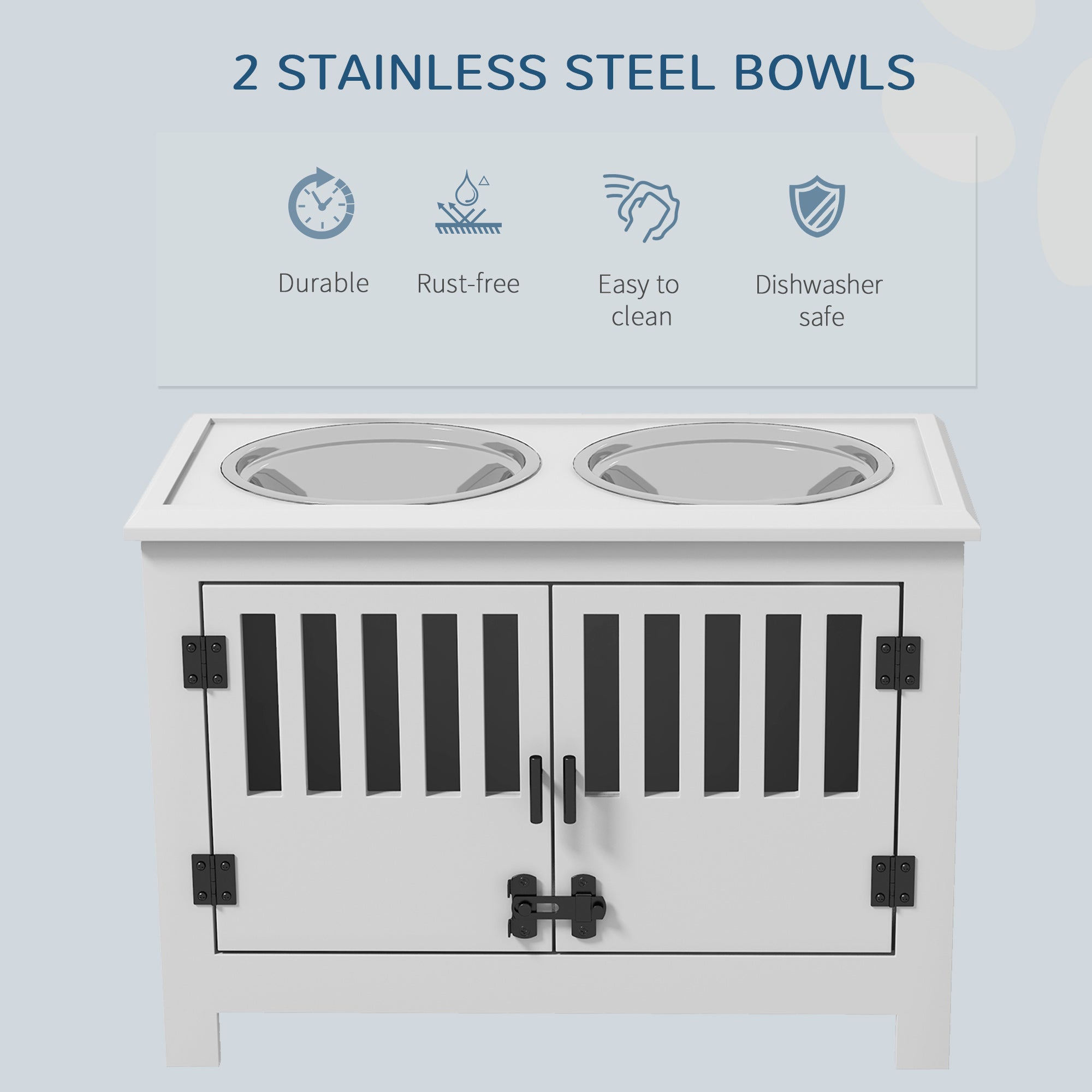 PawHut Raised Dog Bowls, Pet Feeding Station, with Storage, Food and Water Bowls, for Large Dogs - White 