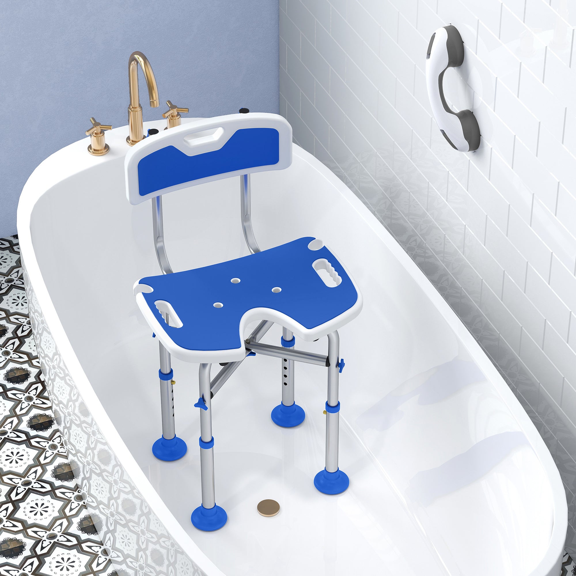HOMCOM Shower Chair with U-Shaped Cutout, Height Adjustable Bath Bench, Padded Shower Stool for Elderly, Senior, Disabled, Blue 