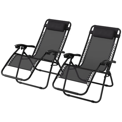 Outsunny Zero Gravity Chair Set of 2, Metal Frame Texteline Armchair Outdoor Folding and Reclining Sun Lounger with Head Pillow for Patio Decking Gardens Camping, Black 