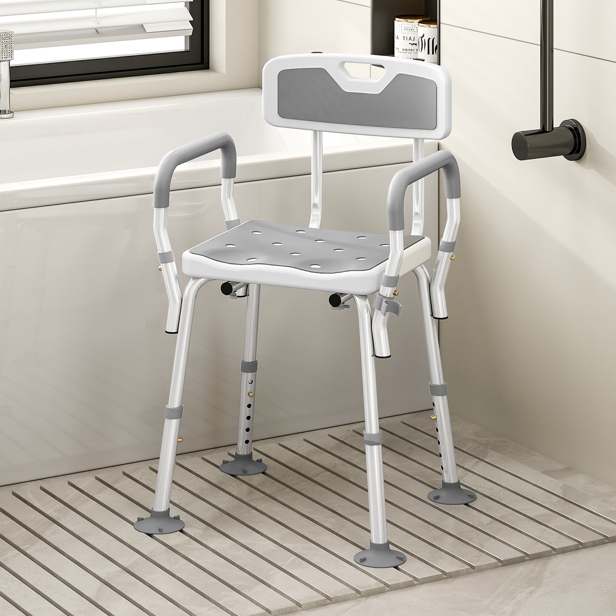 HOMCOM EVA Padded Shower Chair for the Elderly and Disabled, Height Adjustable Shower Stool with Back and Arms, 4 Suction Foot Pads, Light Grey