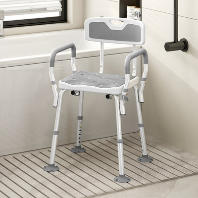 HOMCOM EVA Padded Shower Chair for the Elderly and Disabled, Height Adjustable Shower Stool with Back and Arms, 4 Suction Foot Pads, Light Grey 