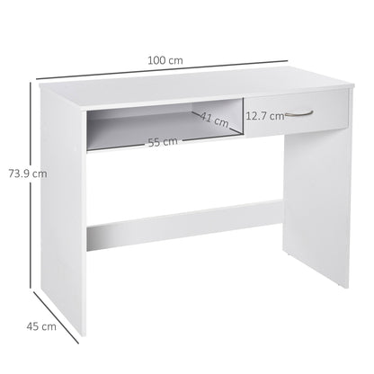 HOMCOM Compact Computer Desk, Study Table with Drawer and Storage Compartment, Writing Workstation, White 