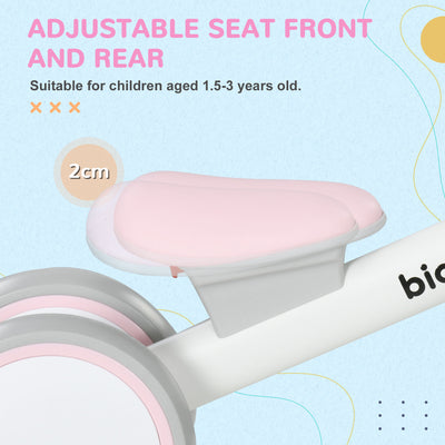 AIYAPLAY Kids Balance Bike for 1-3 Years Old with Adjustable Seat, Silent Wheels, Pink 