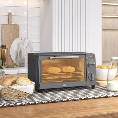 HOMCOM Mini Oven, 9L Countertop Electric Grill, Toaster Oven with Adjustable Temperature, Timer, Dishwasher Safe Baking Tray and Wire Rack, 750W, Grey 