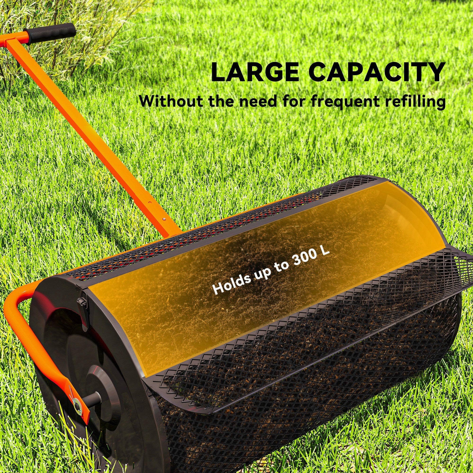 Outsunny Compost Spreader, 24" Peat Moss Spreader with Height Adjustable T Shaped Handle and Metal Mesh Basket, Garden Spreader for Seeding, Spreading Manure, Orange 