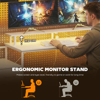 HOMCOM 147cm Gaming Desk with Charging Station and Monitor Stand, Computer Table for Home Office with RGB Lights, White 