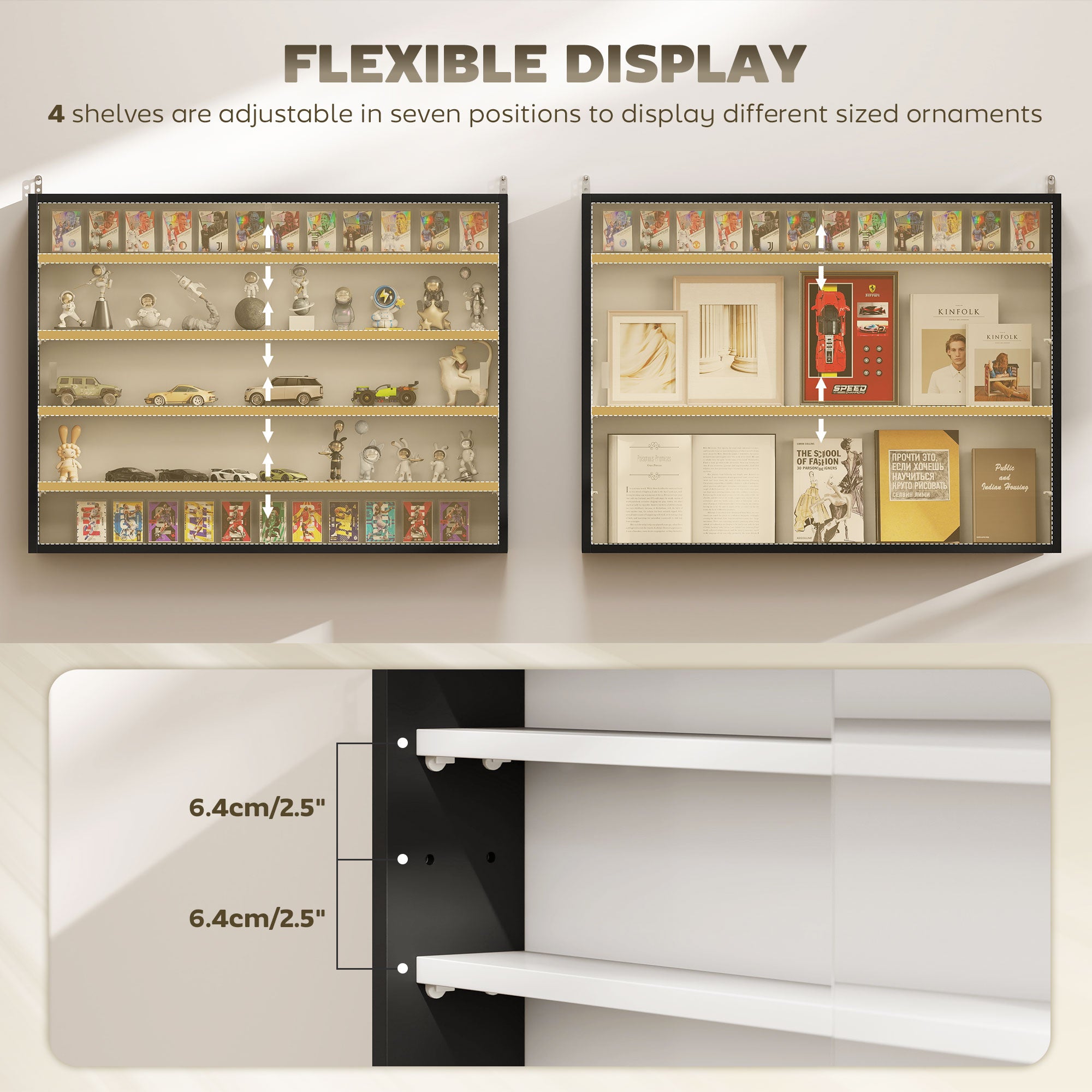 HOMCOM 5-Tier Wall Display Cabinet,  Wall Mounted Display Case w/ 4 Adjustable Shelves, Glass Doors, 60x80cm, Black and White 