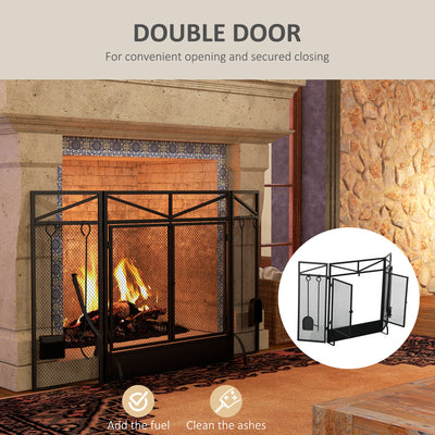 HOMCOM 3 Panel Folding Fire Guard Screen with Fireplace Tool Sets and Front Doors, Freestanding Fire Screen Spark Guard with Feet for Open Fire, Log Burner, Fireplace, 122 x77 cm, Black 