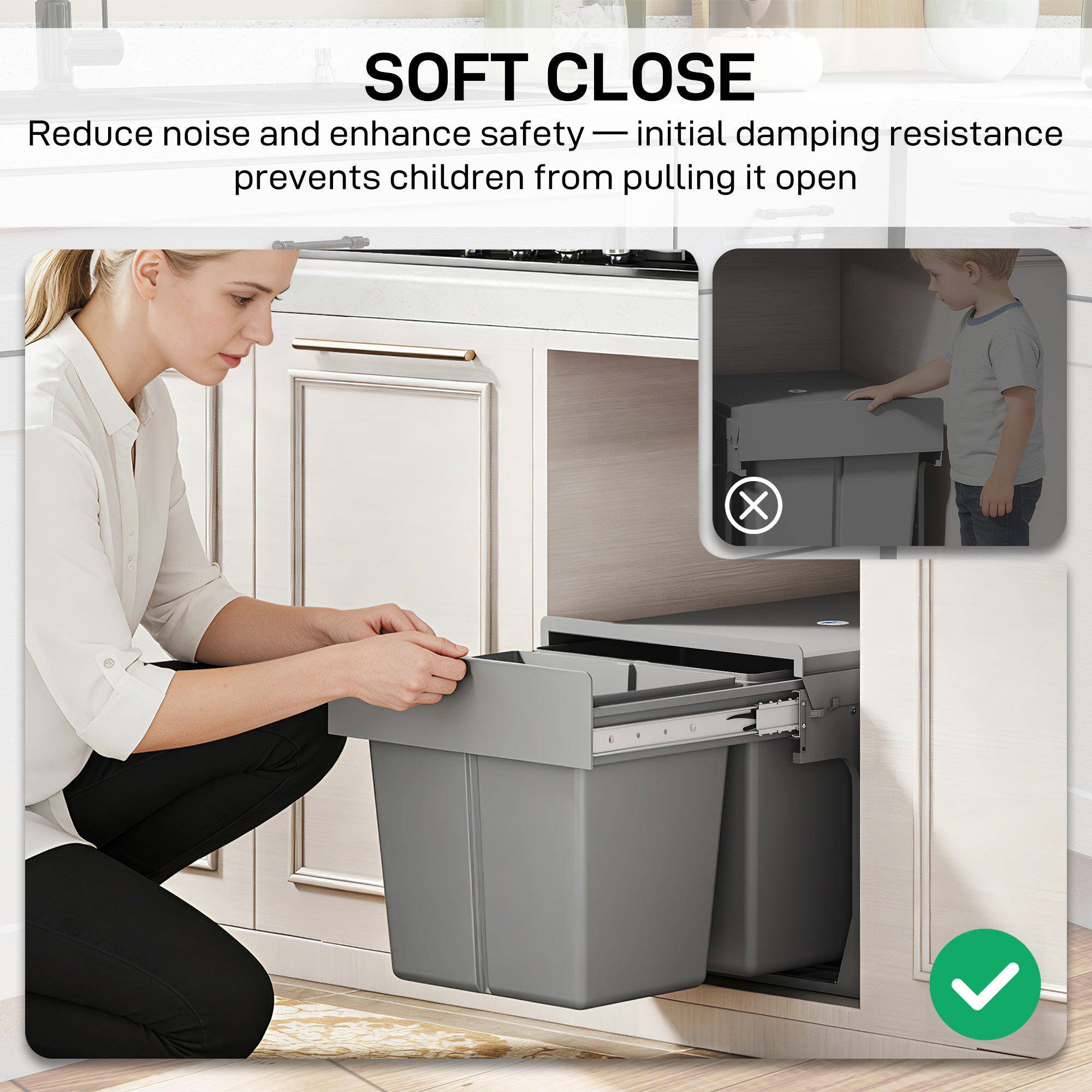 HOMCOM Pull Out Bin, Under Sink Bin - 2 Removable Compartments (15L Each) for 400mm Cabinets, Light Grey 