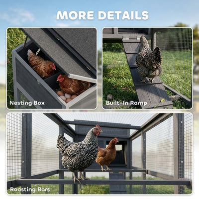 PawHut Large Chicken Coop, Wooden Hen House with Covered Run, Nesting Box, Pull-Out Tray, Opening Asphalt Roof 