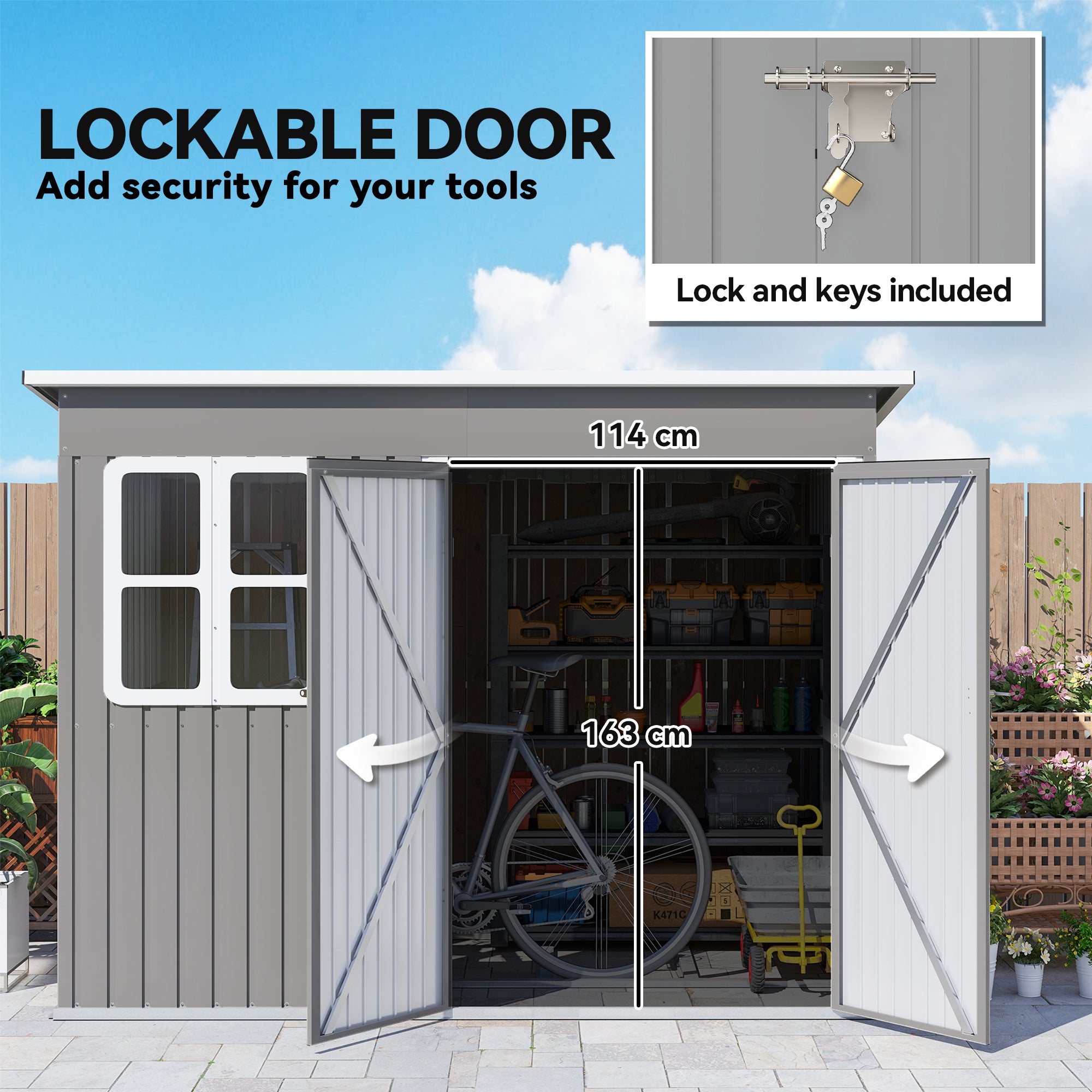 Outsunny 8.5 x 6ft Storage Shed Galvanised Steel Garden Shed, Metal Shed with Foundation Kit, Window, Lockable Wide Doors and Air Vents for Outdoor Patio, Light Grey 