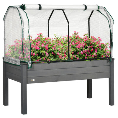 Outsunny Raised Garden Bed Outdoor Elevated Wood Planter Box w/ PE Cover, Dark Grey 