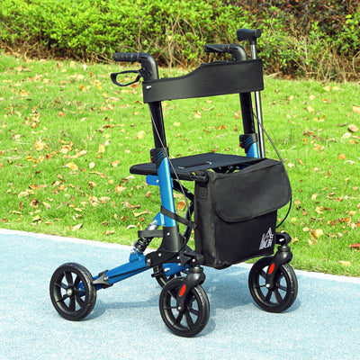 HOMCOM Folding Rollator Walker with Seat, Backrest, Lightweight Walking Frame with Storage Bag, Dual Brakes, Adjustable Handle Height, Suspension System, 4 Wheeled Walker for Seniors, Blue 