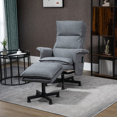 HOMCOM Swivel Recliner Chair and Footstool, Upholstered Massage Recliner Armchair with Remote Control, Timer and Steel Base, Grey 