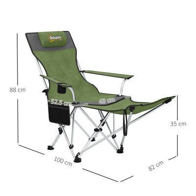 Outsunny Set of 2 Reclining Folding Camping Chair w/ Detachable Footrest, Storage Bag, Cup Holder & Headrest, Lightweight Portable Camp Chair for Beach, Picnic, Olive Green and Grey 