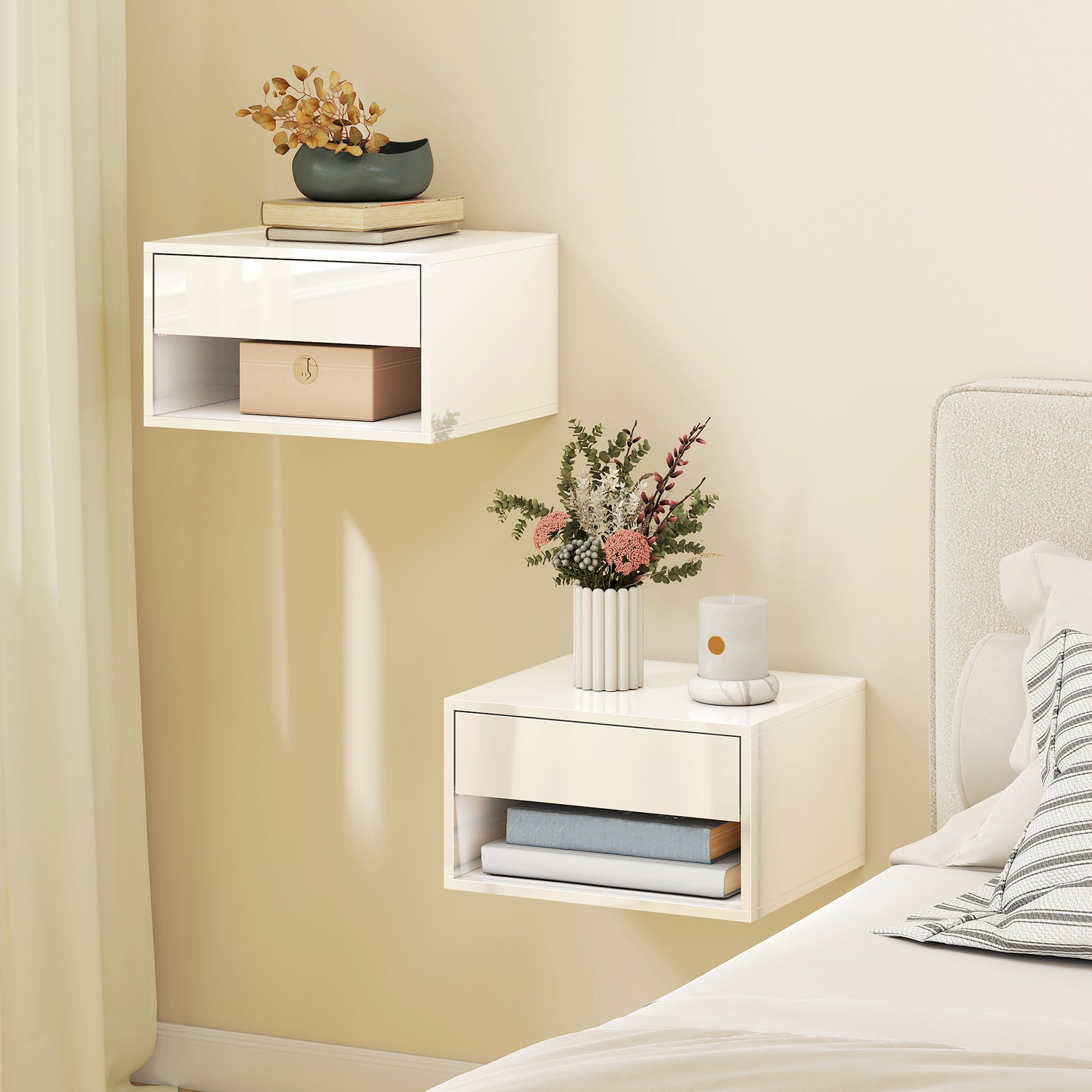 HOMCOM Set of Two Floating Bedside Tables, Wall Mounted Nightstand with Drawer and Open Shelf, High Gloss White 