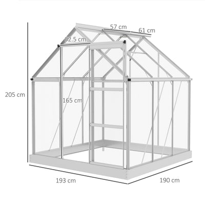 Outsunny 6 x 6ft Walk-In Greenhouse, Polycarbonate Greenhouse with Sliding Door, Window, Aluminium Frame, Foundation, Silver 