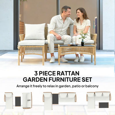 Outsunny 3 Piece Rattan Garden Furniture Corner Sofa Set with Chaise Lounge, Loveseat, Glass Coffee Table, Cushions, Natural Wood 