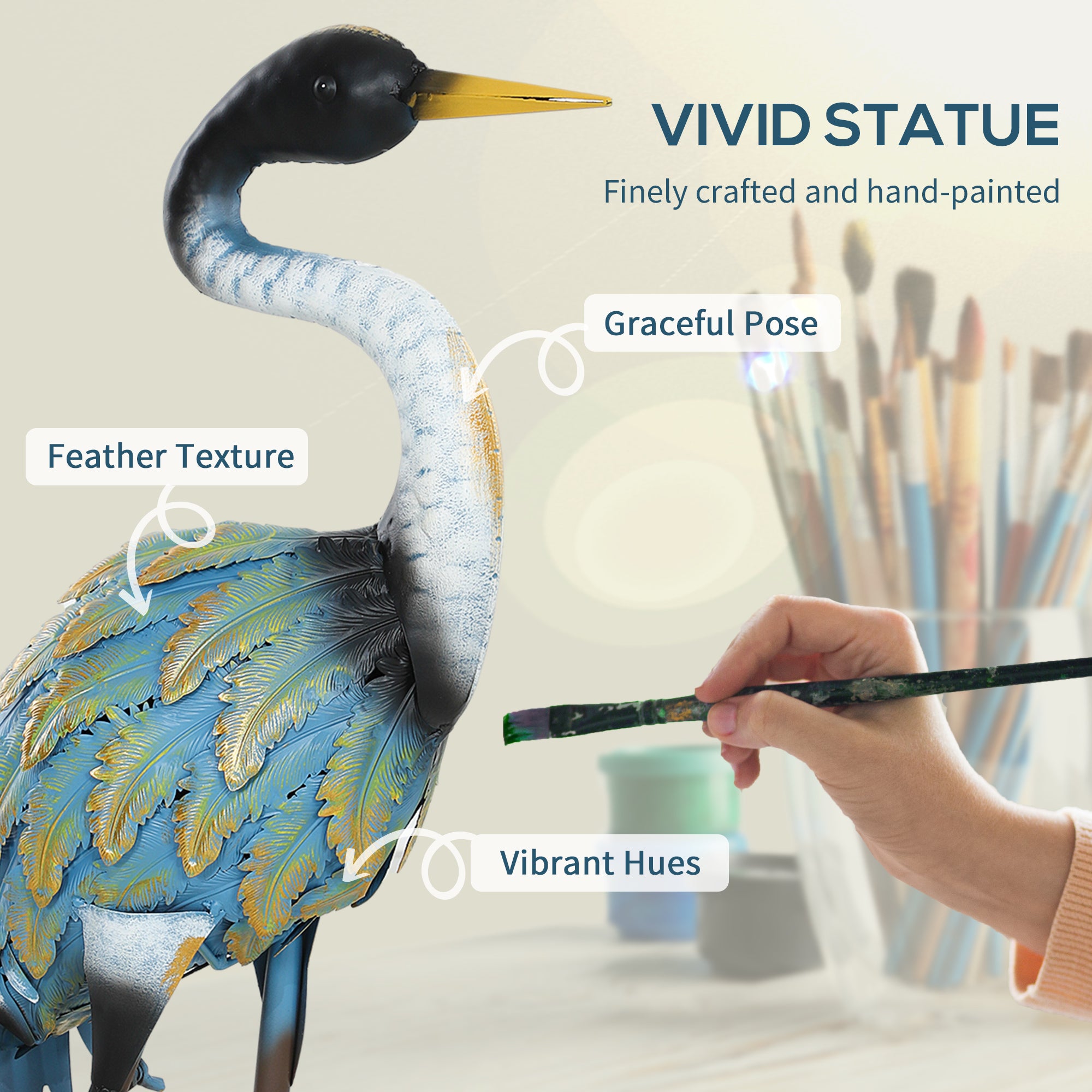 Outsunny Heron Garden Statue, Standing Garden Ornament, Metal Garden Gift with Stakes, 28 x 17 x 63 cm, Multi-Colour 