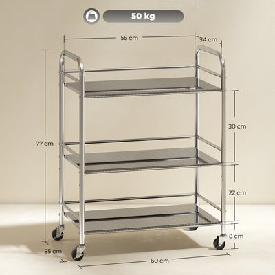 HOMCOM 3 Tier Stainless Steel Kitchen Storage Trolley with Adjustable Shelf - Silver 