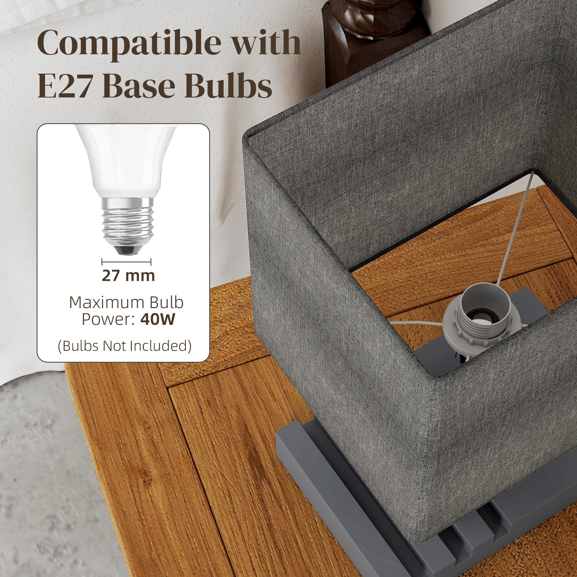 HOMCOM Bedside Lamp with USB A+C Charging Ports and 3 Phone Stands, Modern Table Lamp with Solid Wood Base and Fabric Shade for Bedroom Living Room Office, E27 Socket, Bulb Not Included, Grey 