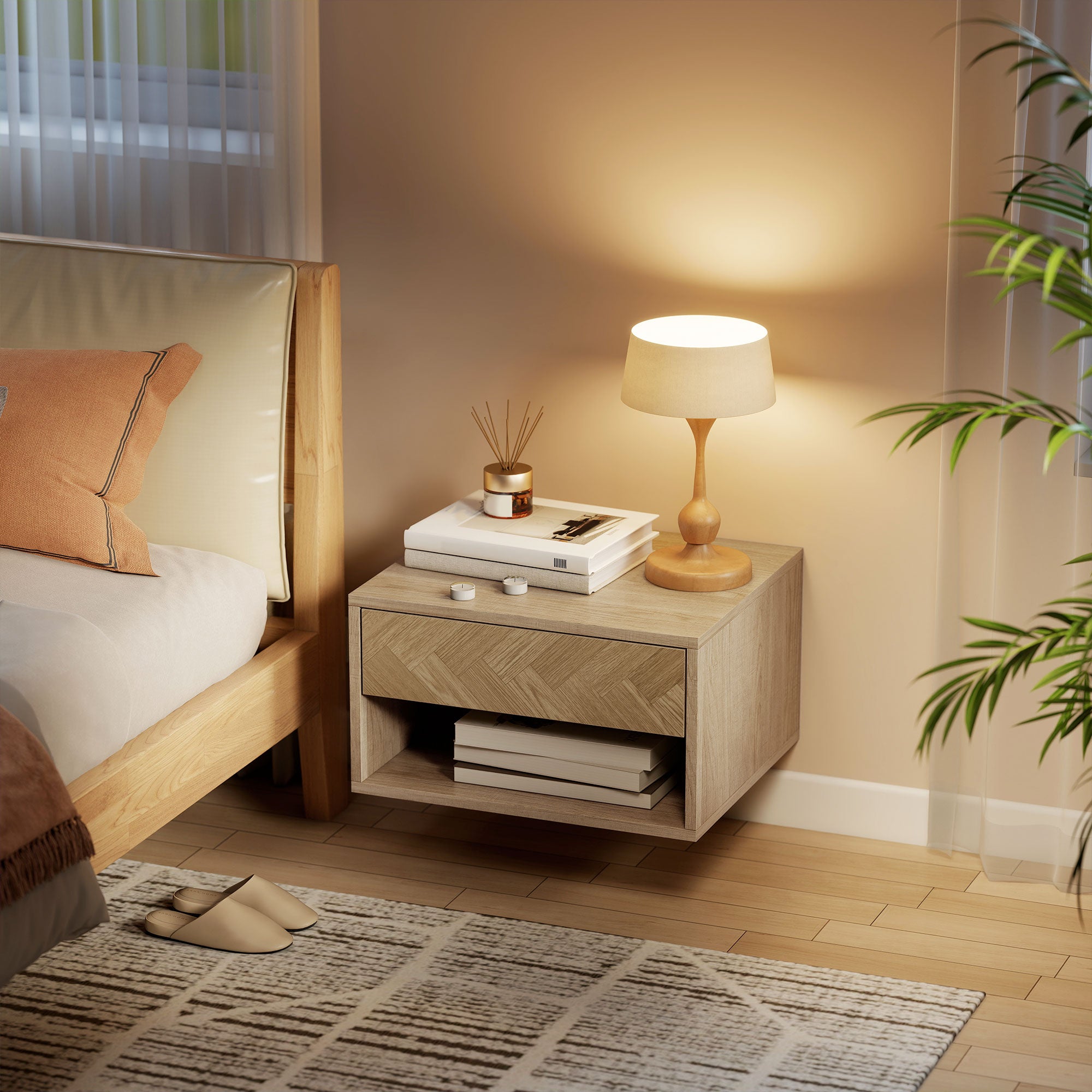HOMCOM Set of Two Floating Bedside Tables - Natural Wood Finish 