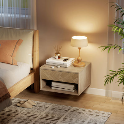 HOMCOM Set of Two Floating Bedside Tables - Natural Wood Finish 
