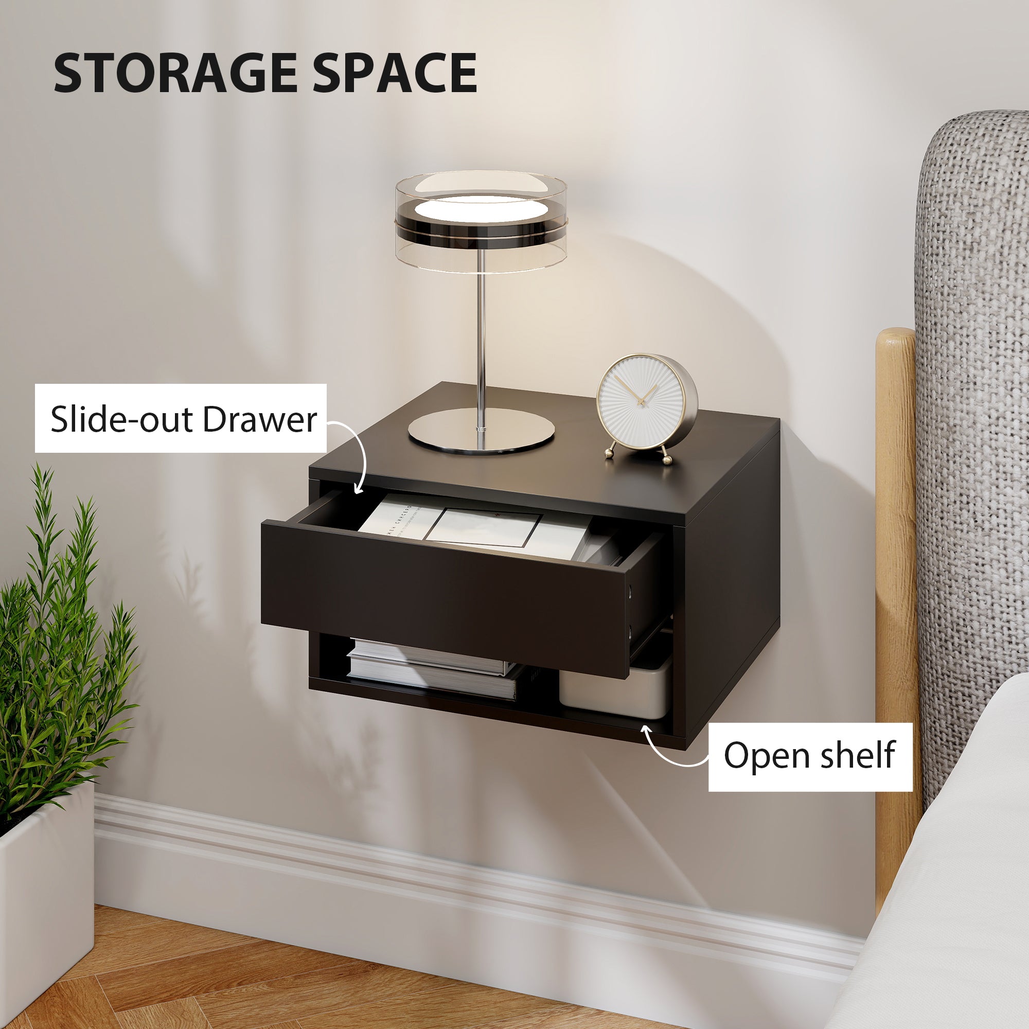 HOMCOM Floating Bedside Tables Set of 2, Wall Mounted Nightstand, Black 