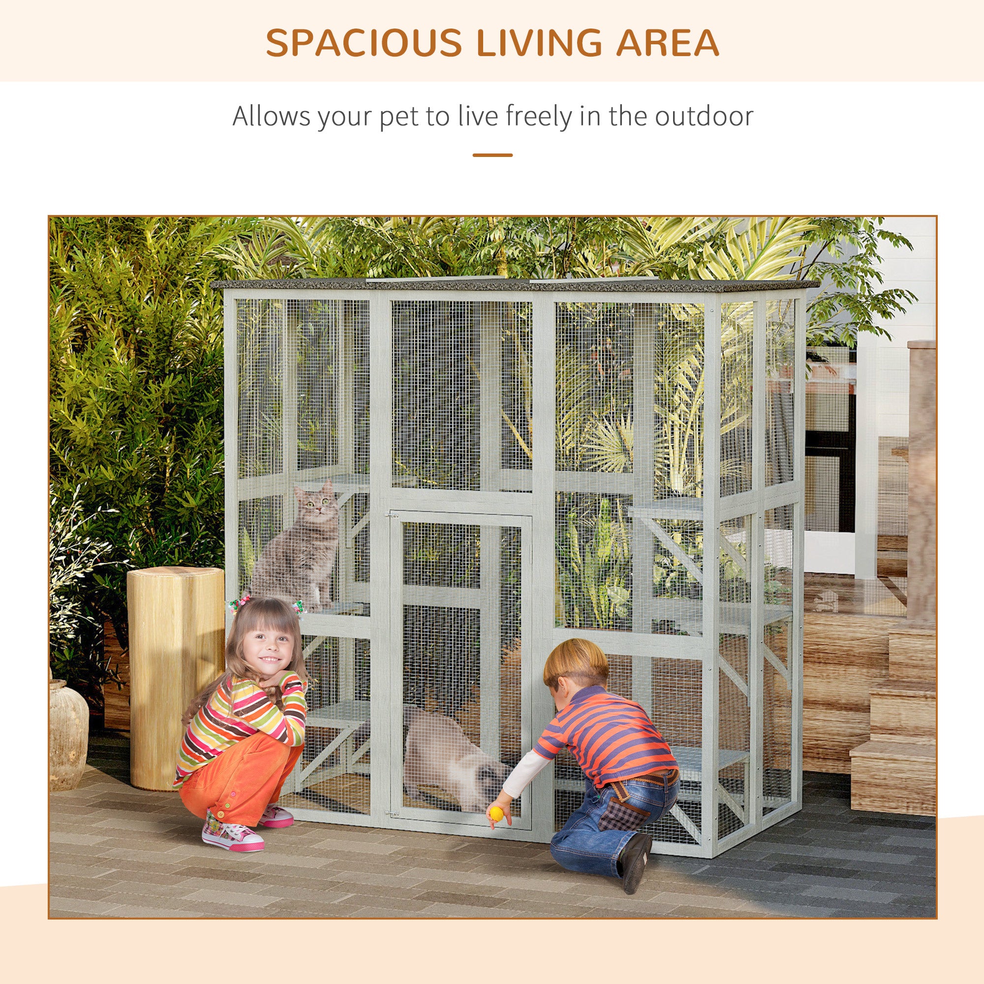 PawHut Wooden Catio Cat Outdoor Enclosure, Cat Cage with Waterproof Roof, Platforms, for Multiple Kittens, 180 x 98 x 180 cm 