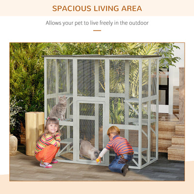 PawHut Wooden Catio Cat Outdoor Enclosure, Cat Cage with Waterproof Roof, Platforms, for Multiple Kittens, 180 x 98 x 180 cm 