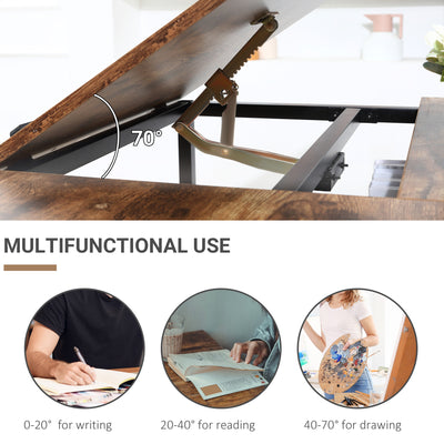 HOMCOM Adjustable Drafting Table Art Desk Drawing Table, Craft Desk Workstation for Painting, Multifunctional Writing Desk w/ 15-Level Tiltable Tabletop and Storage Shelf, Home Office, Rustic Brown 