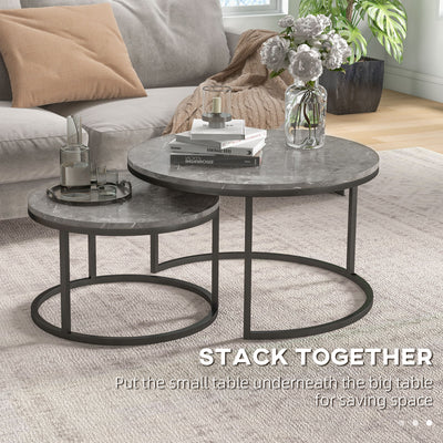 HOMCOM Industrial Nesting Coffee Table Set of 2, Round Coffee Tables, Living Room Table with Faux Marbled Top and Steel Frame 