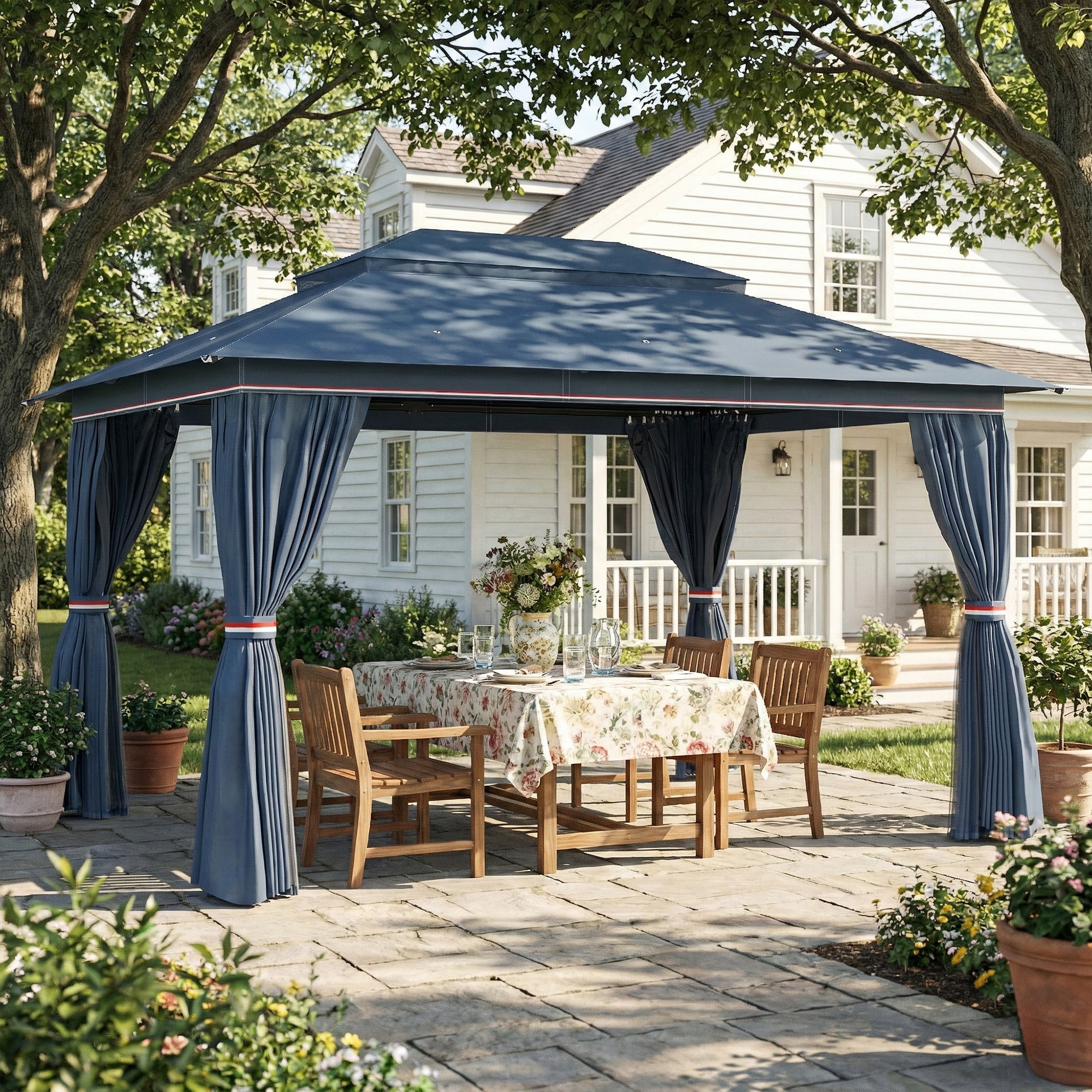 Outsunny 3 x 4 m Outdoor Garden Gazebo with Netting and Curtains, UPF50+ Patio Gazebo Permanent Pavilion Canopy, Dark Blue 