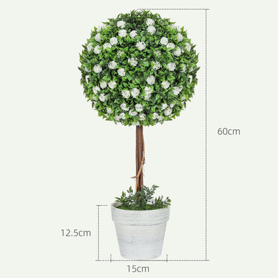 HOMCOM Set of 2 Decorative Artificial Plants, Ball Topiary Tree with Rose Flower in Pot, Fake Plants for Home Indoor Outdoor Decor, 60cm, White 