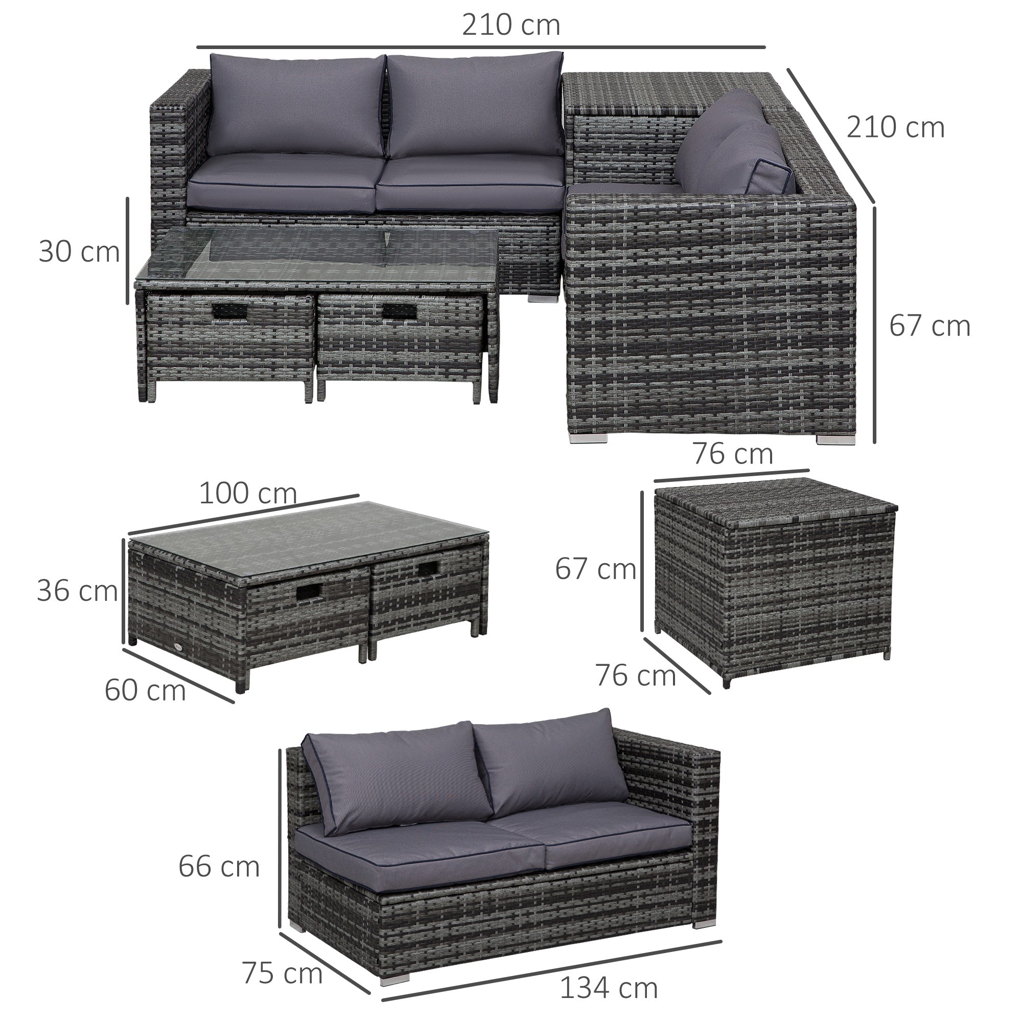 Outsunny 4 Pcs Rattan Wicker Garden Furniture Patio Sofa Storage & Table Set w/ 2 Drawers Coffee Table,Great Cushioned 4 Seats Corner Sofa - Grey 