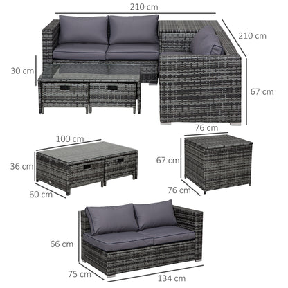 Outsunny 4 Pcs Rattan Wicker Garden Furniture Patio Sofa Storage & Table Set w/ 2 Drawers Coffee Table,Great Cushioned 4 Seats Corner Sofa - Grey 