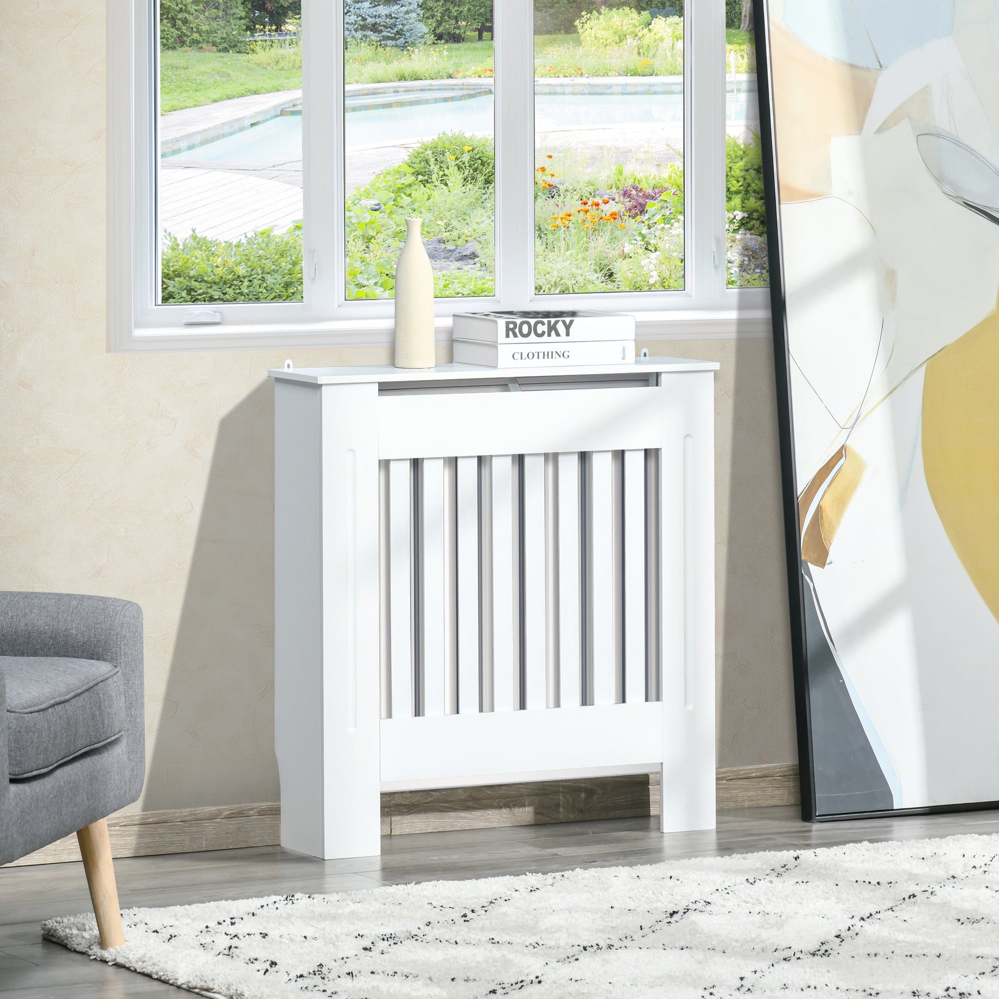 HOMCOM MDF Radiator Cover Wooden Cabinet Shelving Home Office Vertical Slatted Vent White 78L x 19W x 81H 