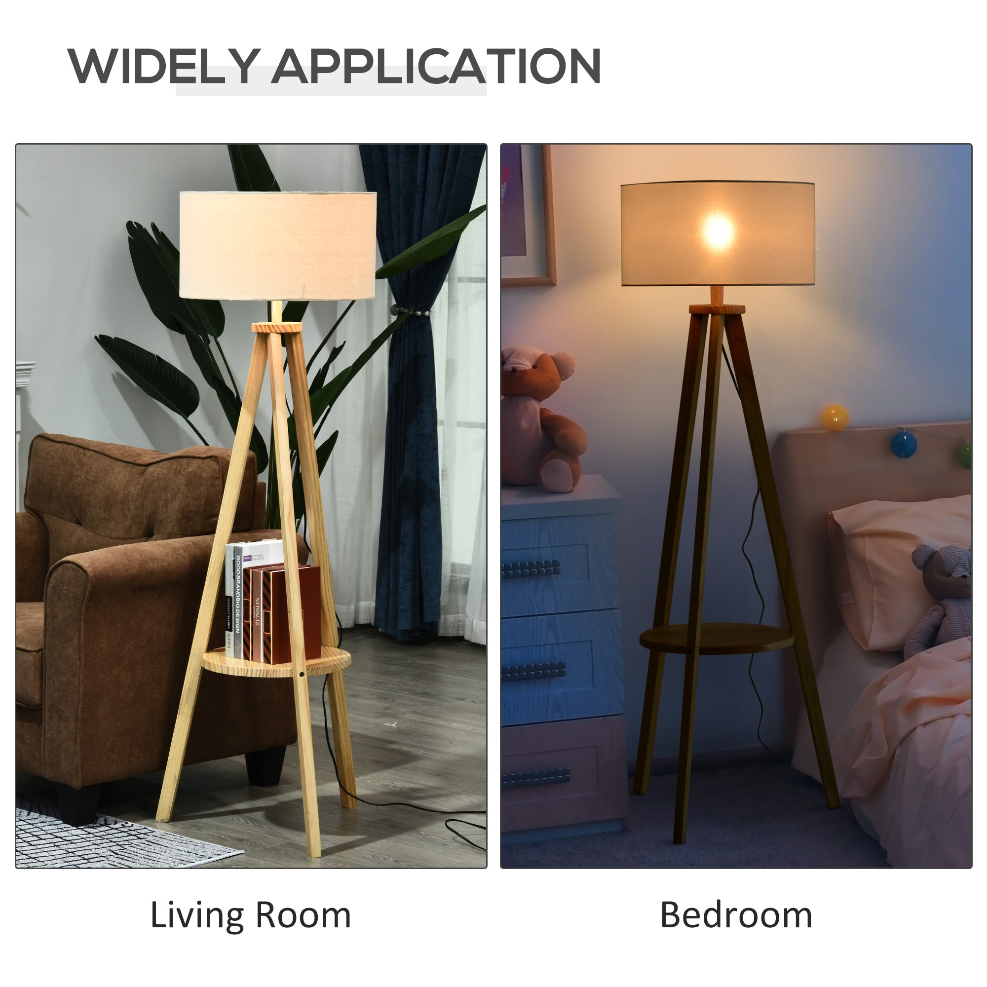 HOMCOM Free Standing Tripod Floor Lamp Bedside Light Reading Light with Storage Shelf Linen Shade for Living Room Bedroom, 154cm, Cream 