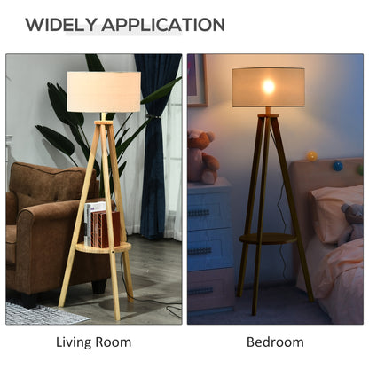 HOMCOM Free Standing Tripod Floor Lamp Bedside Light Reading Light with Storage Shelf Linen Shade for Living Room Bedroom, 154cm, Cream 