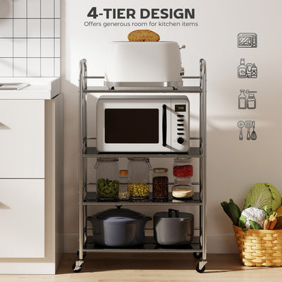 HOMCOM 4 Tier Stainless Steel Kitchen Storage Trolley with Adjustable Shelves - Silver 
