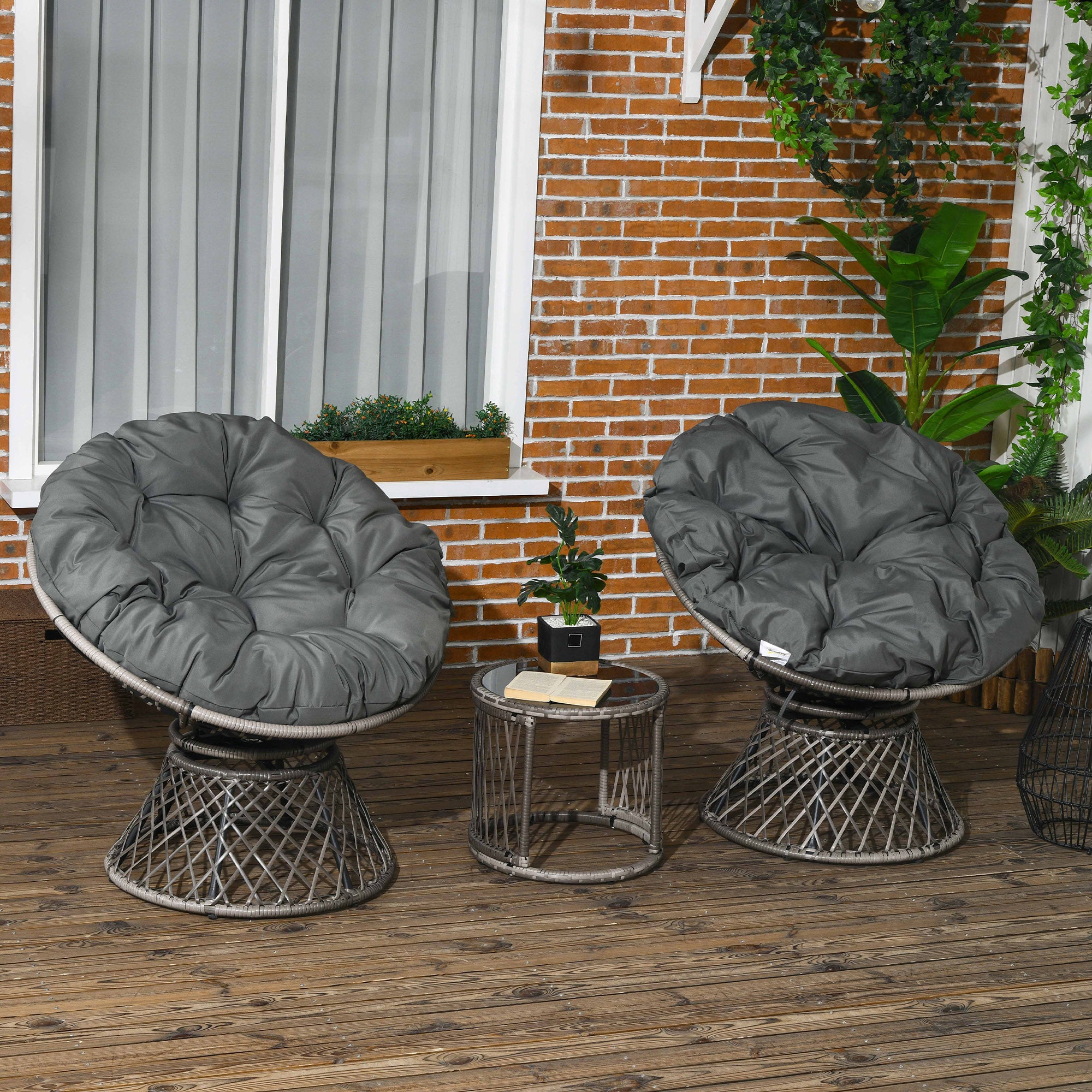 Outsunny Three-Piece Rattan Garden Moon Chair Set - Grey 