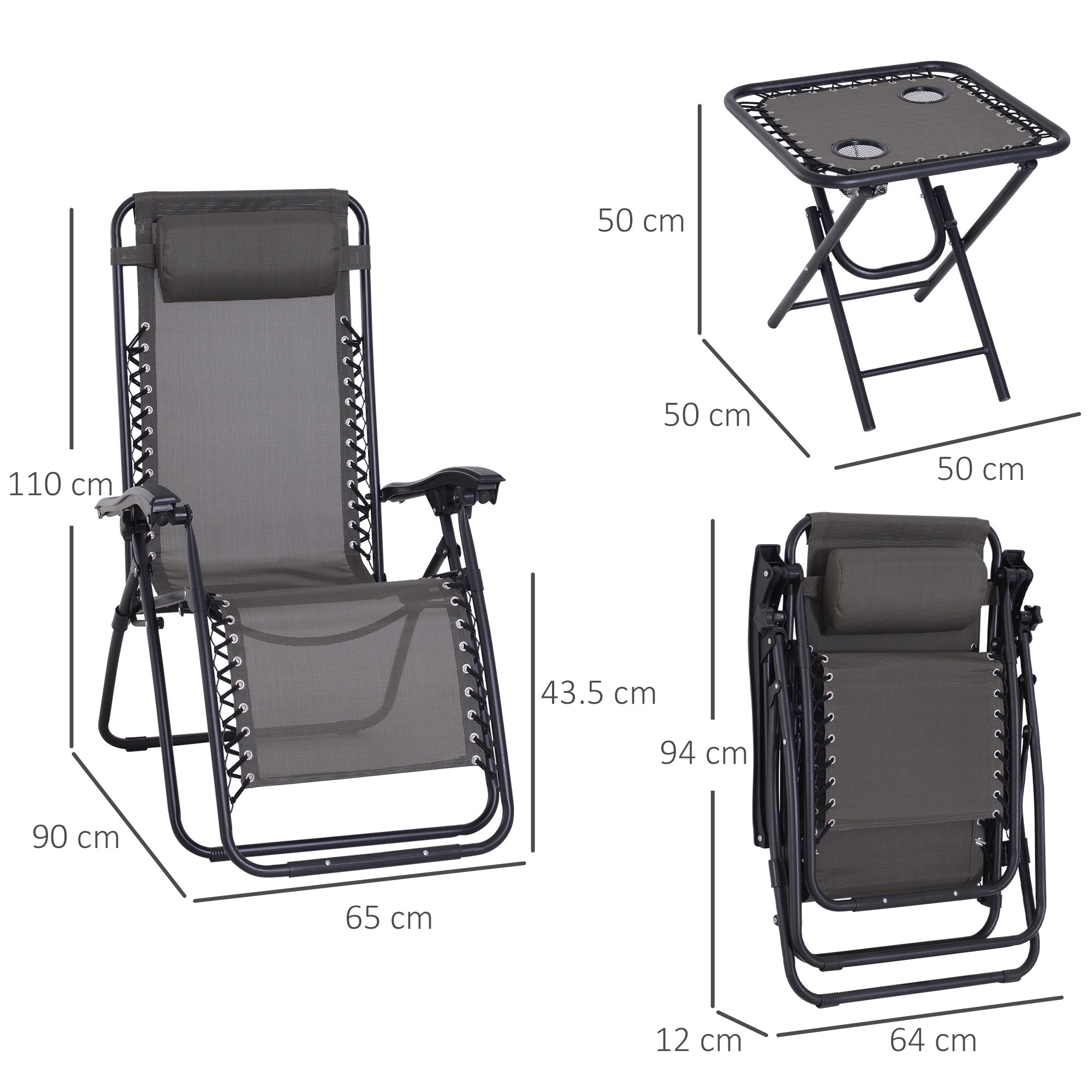 Outsunny 3pcs Folding Zero Gravity Chairs Sun Lounger Table Set w/ Cup Holders Reclining Garden Yard Pool, Dark Grey 