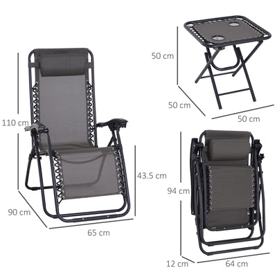 Outsunny 3pcs Folding Zero Gravity Chairs Sun Lounger Table Set w/ Cup Holders Reclining Garden Yard Pool, Dark Grey 