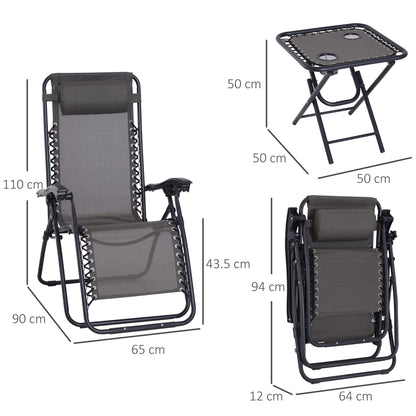 Outsunny 3pcs Folding Zero Gravity Chairs Sun Lounger Table Set w/ Cup Holders Reclining Garden Yard Pool, Dark Grey 