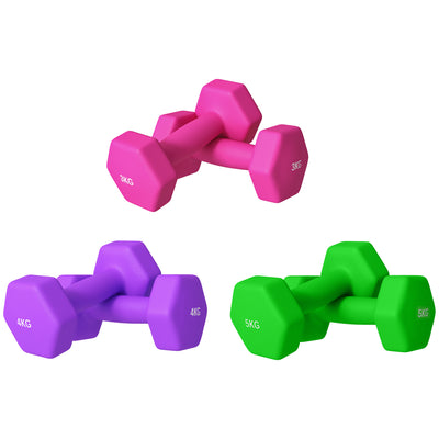 SPORTNOW Set of 6 Hex Dumbbells, Neoprene Weights Pair with Non-Slip Grip, Home Gym Fitness Training Equipment, 2 x 3kg, 2 x 4kg, 2 x 5kg, Pink, Purple, Green 