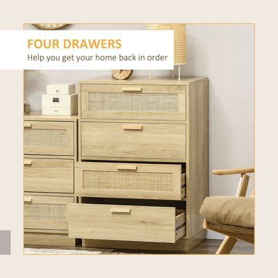 HOMCOM Chest of Four Rattan Weave Panel Drawers - Wood-Effect 
