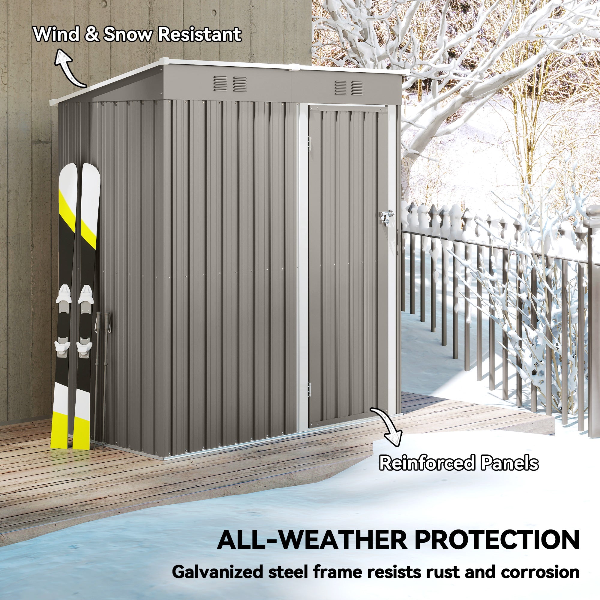Outsunny 5 x 3 ft Lean-to Garden Shed, Outdoor Storage Shed with Lockable Door and Vents, Light Grey 
